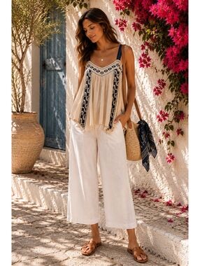 Paper Crane Boho Embroidered Swing Tank Top NWT Taupe Large